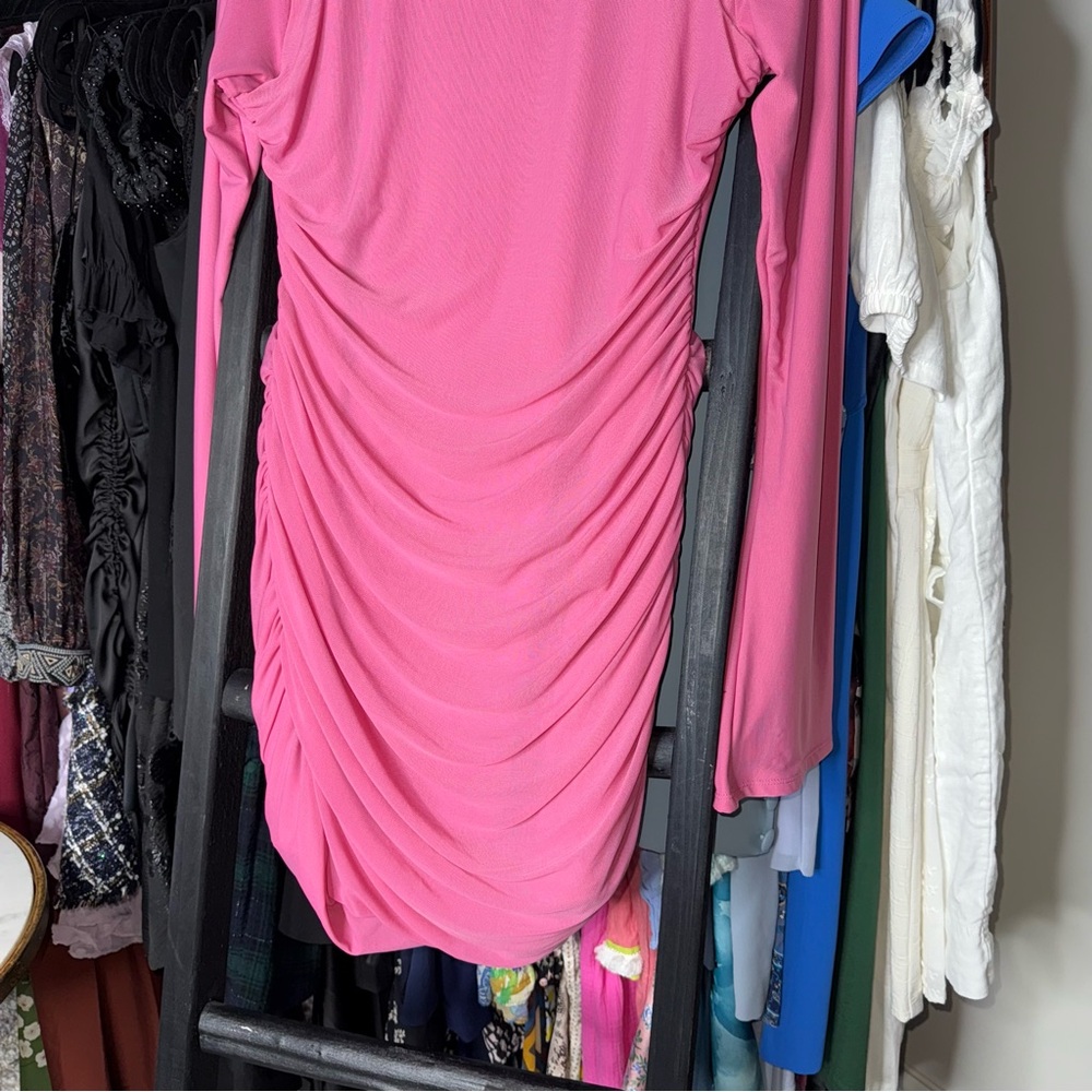 Oh Polly Ruched Cutout Embellished Long Sleeve Bodycon Mini Dress in Hot Pink - Picture 11 of 13